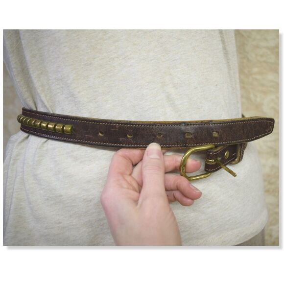 Tory Leather Co. Havana Brown Studded 3/4” English Bridle Clincher Belt Size 28 - Picture 6 of 11